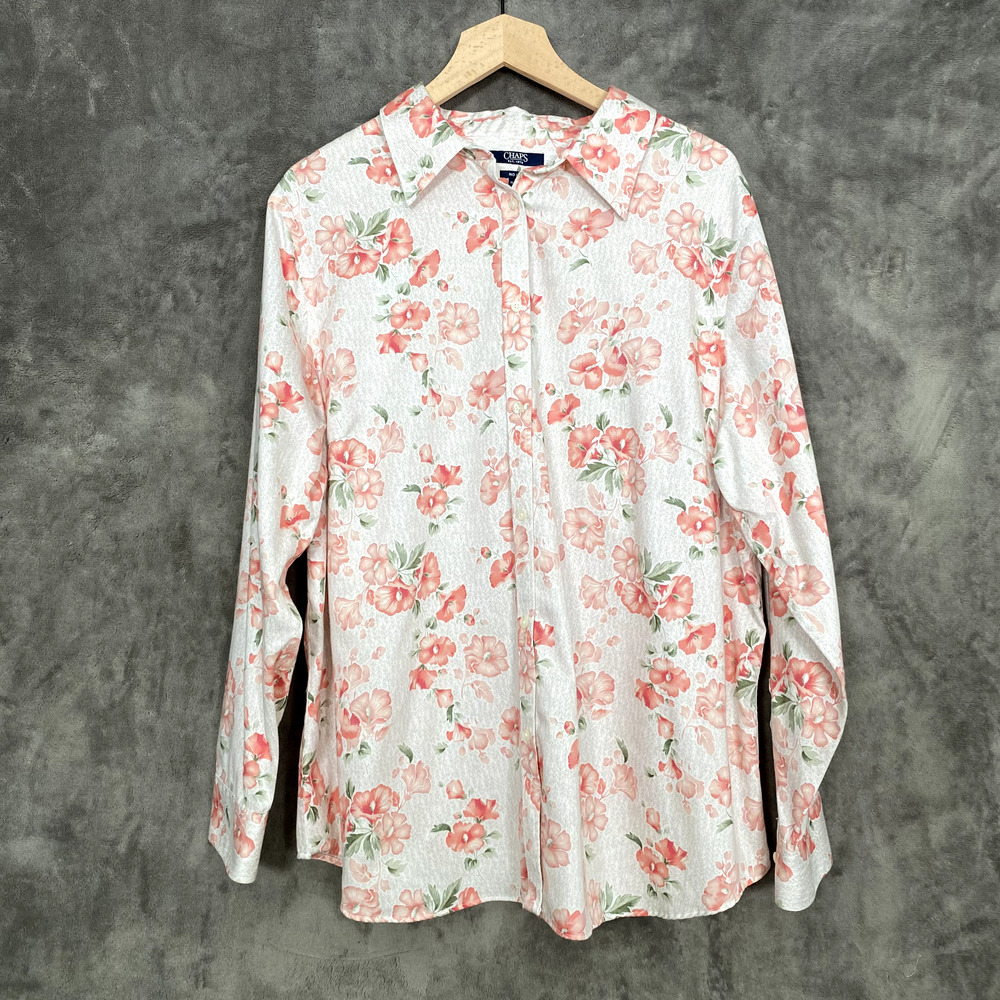 Chaps Womens Button Up Top Size 1X Floral Long Sleeve Cottagecore No Iron Office